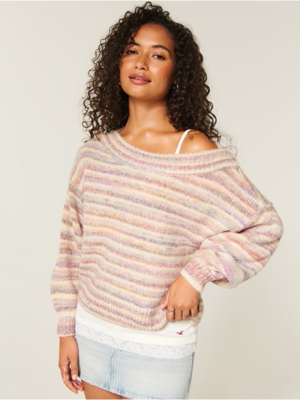 Off the Shoulder Pink Stripe Women's Sweater